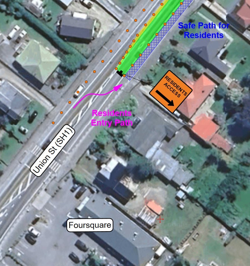 Union St/SH1 work zone from 7 September 2026 showing residents' access​. This will be regularly updated as the project progresses.